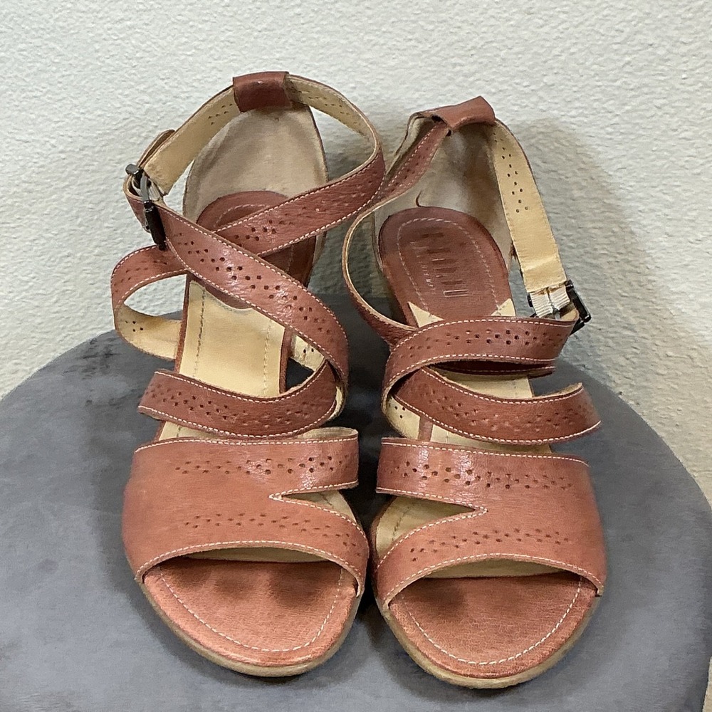 FIDJI‎ Slingback Open Toe Sandals Buckle Block Heels Brown Size EU 41 US 10